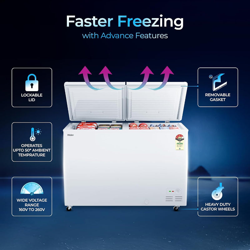 Haier HFC-320DPW4, Double Door Convertible Deep Freezer, 5 Side Freezing, Dual Condenser, Inside Metal Liner with 70mm Puff Thickness (White 310L)