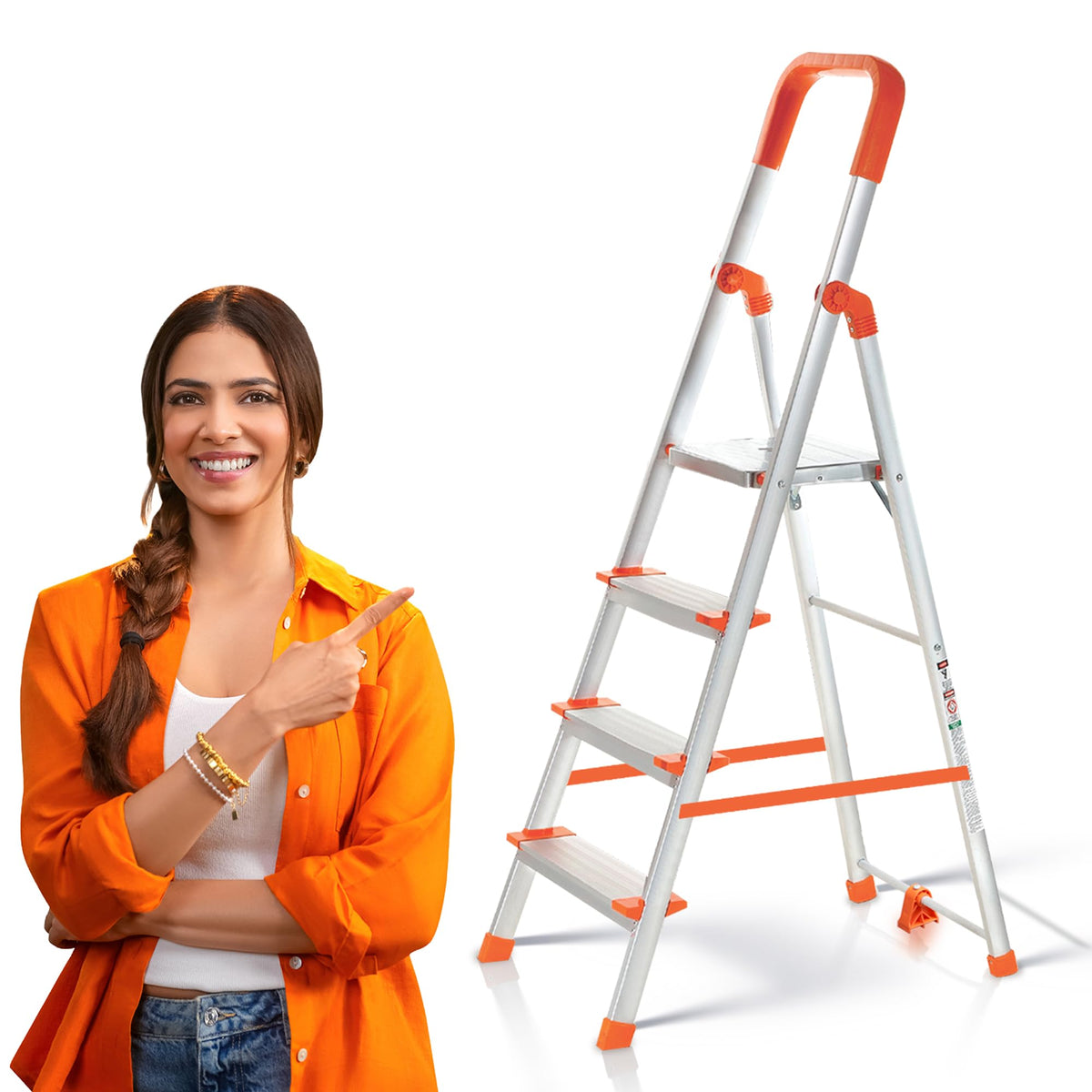 PROHOME Aluminium Ladder for Home 5 Steps Foldable with Railing & Anti-Skid Wide Steps | 5 Step Ladder for Home Use, Kitchen & Household | 250 Kg Capacity Folding Ladder | 5 Year Warranty (Orange)
