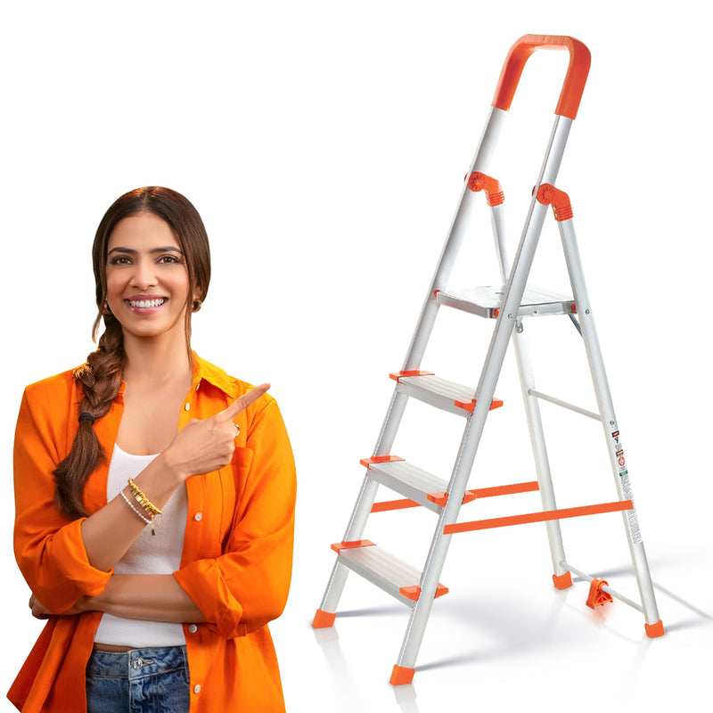 PROHOME Aluminium Ladder for Home 5 Steps Foldable with Railing & Anti-Skid Wide Steps | 5 Step Ladder for Home Use, Kitchen & Household | 250 Kg Capacity Folding Ladder | 5 Year Warranty (Orange)