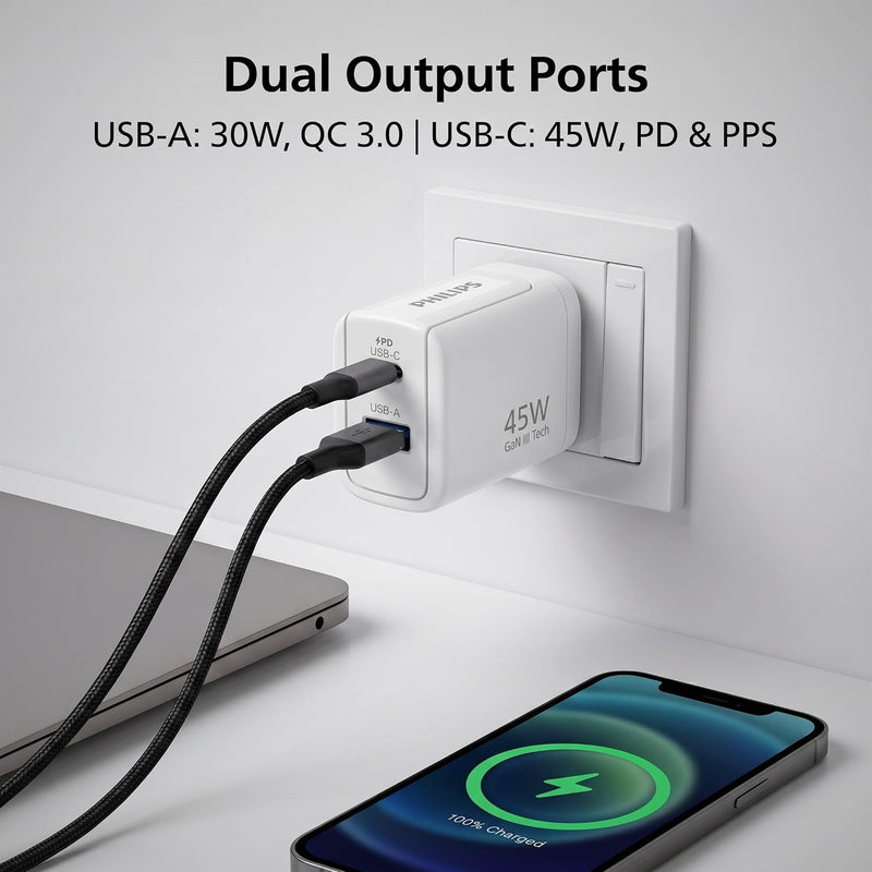 Philips DLP5321NW/94 Gen III Tech 45W Fast Charging Wall Charger (Alba White)