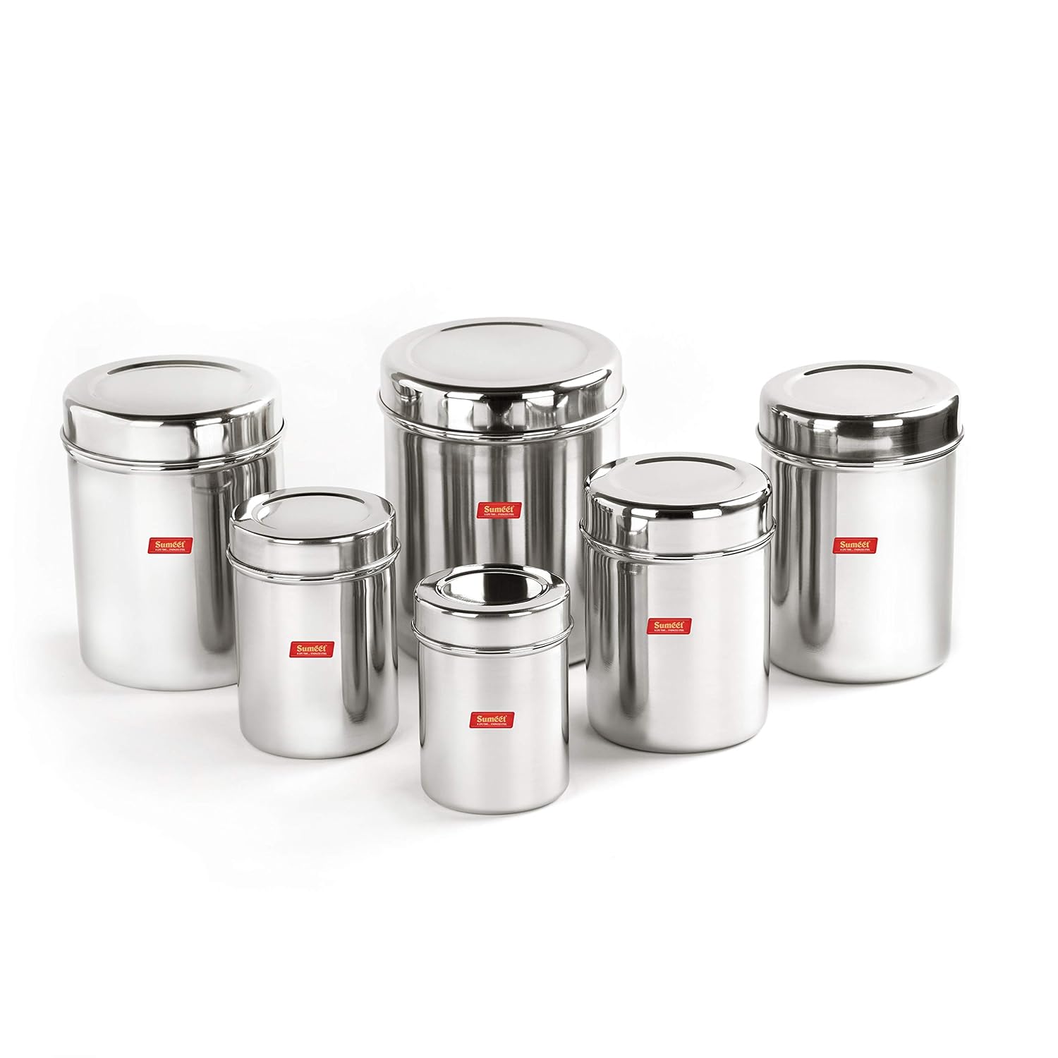Sumeet Stainless Steel Vertical Canisters/Ubha Dabba/Storage Containers Set of 6Pcs (350ML, 500ML, 700ML, 900ML, 1.25Ltr, 1.6Ltr), Silver