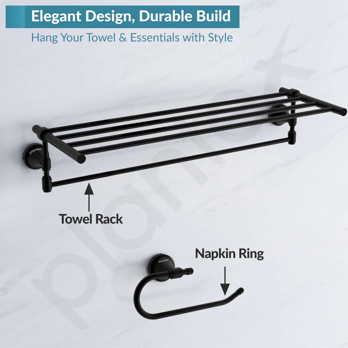 Plantex 304 Grade Stainless Steel Bathroom Accessories Set of 5 - Towel Stand/Napking Ring/Soap Stand/Toothbrush Holder/Robe Hanger - Niko (Black)-6