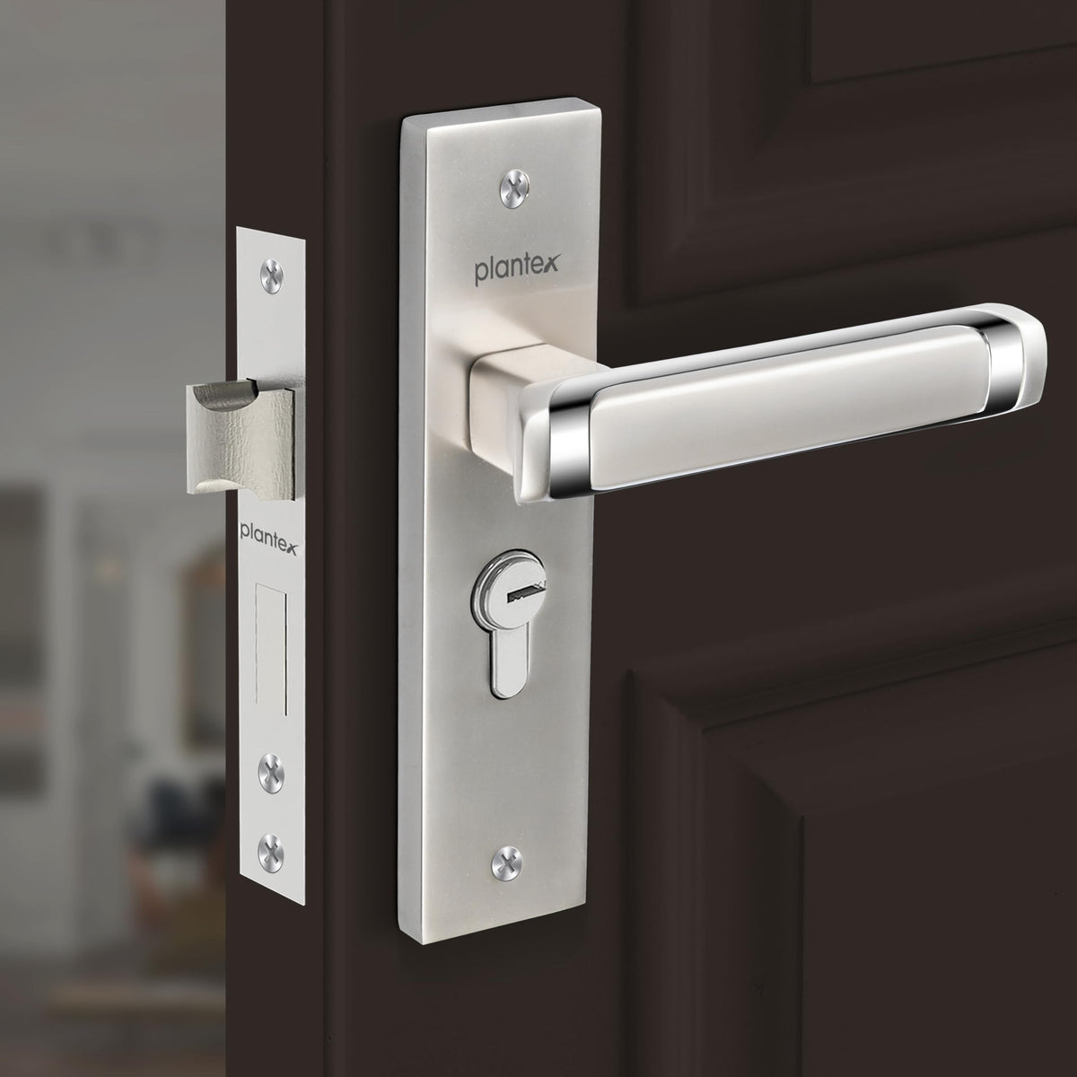 Plantex Heavy-Duty Door Lock Set - Main Door Lock Handle Set/Mortise Lock with 3 Keys, Brass Lock Body & Cylinder (8127 - Satin White & Chrome)-1