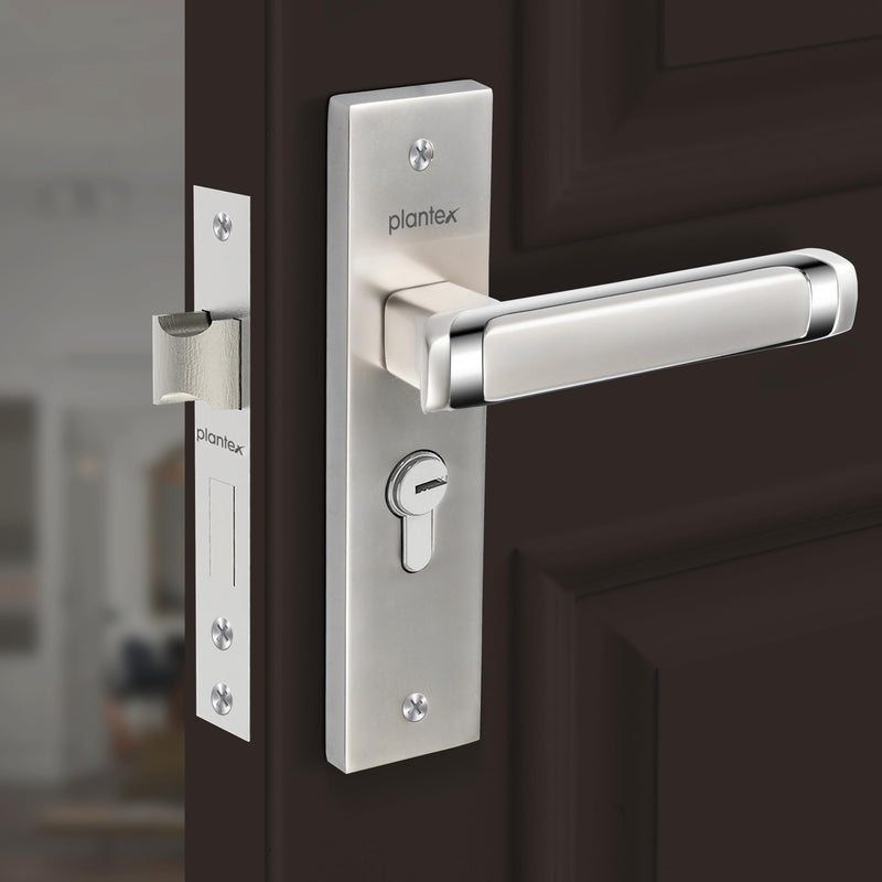Plantex Heavy-Duty Door Lock Set - Main Door Lock Handle Set/Mortise Lock with 3 Keys, Brass Lock Body & Cylinder (8127 - Satin White & Chrome)-1