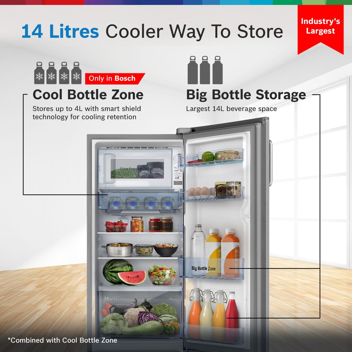 Bosch 187 L, 3 Star, Single Door Refrigerator with Industry's largest vegetable box* & largest Beverage space (CST18S23NI, Fine Steel) | 18 Hour Cooling Retention during powercut, 2.5x Faster Cooling