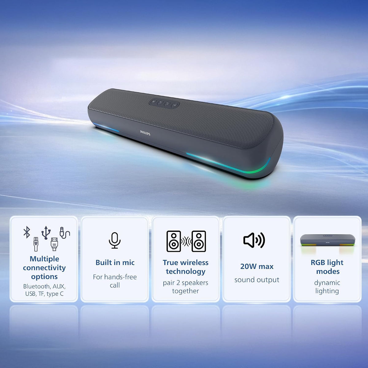 Philips TAB4120BL/94 Wireless Bluetooth Soundbar, 20W, 8H Playtime, Bluetooth 5.1, TWS Mode, RGB Light