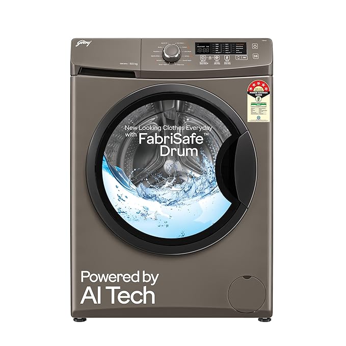 Godrej 8 Kg 5 Star, AI Powered, Inbuilt Heater, Fabrisafe Drum, Steam Wash, Child Lock, Unbalanced Load Sensor, Fully Automatic Front Load Washing Machine (WFEON CRS 8012 5.0 FKEDM CNGR, Candy Grey)