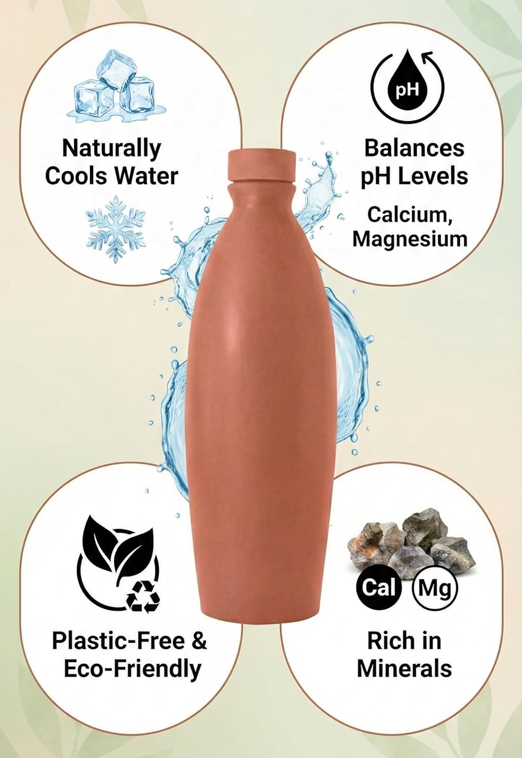Bindian Handcrafted Terracotta Water Bottle, Natural Clay Mitti Bottle with pH Balancing, Mineral Rich Calcium Magnesium, Plastic-Free Traditional Surahi