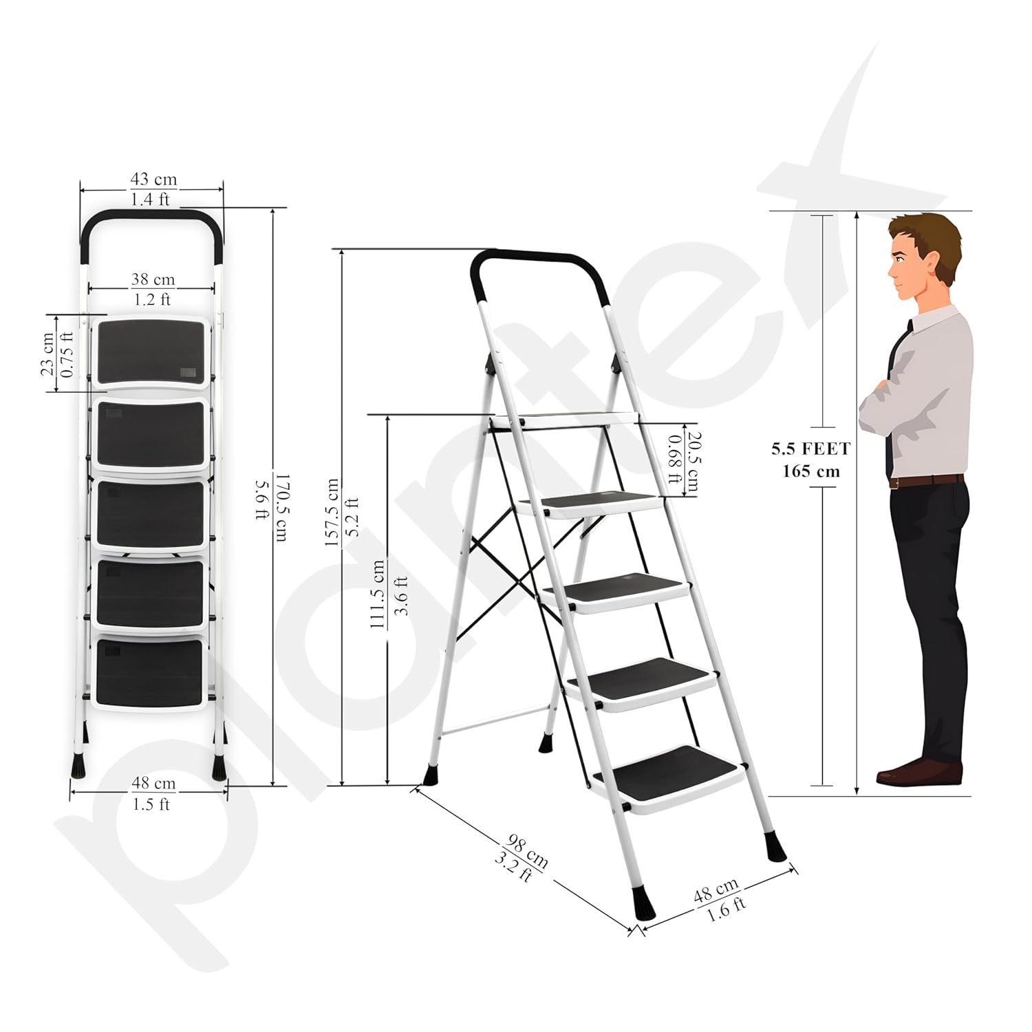 Plantex 5 Step Foldable Ladder for Home Use/Steel Ladder with Anti-Slip Shoes/Step Ladder with Double-Grip Technology(White & Black)