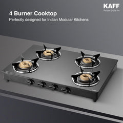 KAFF CTC 69 4B AI Gas Stove/Cooktop 4 Burners with Auto Electric Ignition 69 CM, High Efficiency Brass Burners, Black Tempered Glass, Enamelled Pan Support (Black)