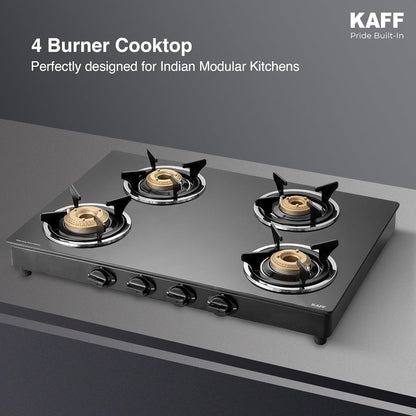 KAFF CTC 69 4B Gas Stove/Cooktop 4 Burners with Manual Ignition 69 CM, High Efficiency Brass Burners, Black Tempered Glass, Enamelled Pan Support (Black)