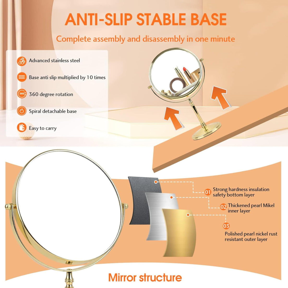 Plantex Premium Brass Magnifying Mirror/Two-Sided 360° Swivel Makeup Mirror with 5x/1x Magnification/Table Mirror (8 Inch-Golden/Tabletop)-6