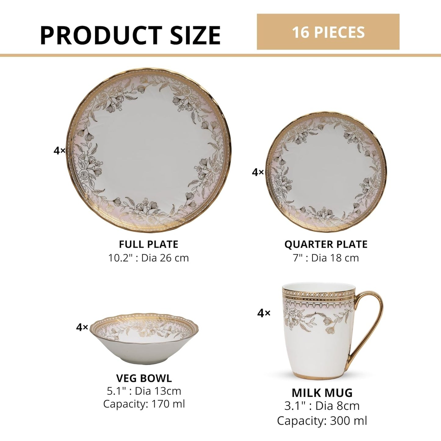 Clay Craft Fine Ceramic Ebony Dinner Set, Enchanting Gold, for Family of 4, Dinner Set Ceramic, Crockery Set, Dining Set for Dinner, Crockery Set for Gift, Kitchen Set (16 Pieces, E626)