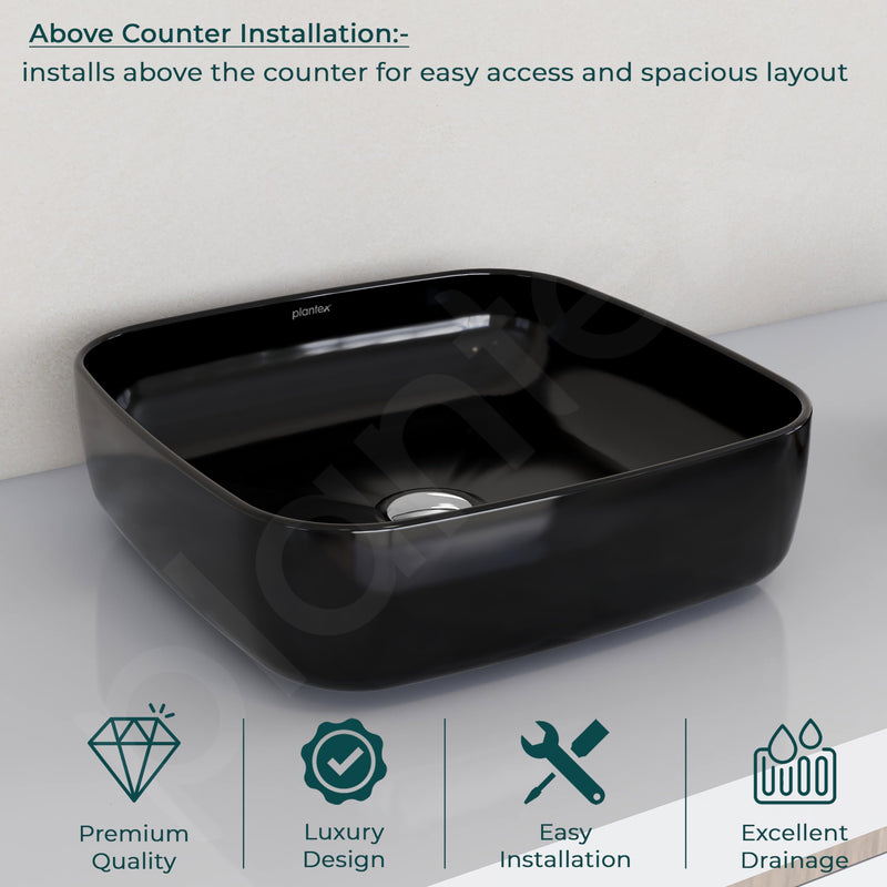 Plantex Premium Ceramic Tabletop Washbasin/Black Countertop Wash Basin/Tabletop Basin for Bathroom/Small Wash Basin (16 x 16 x 5 Inch)-4