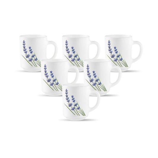 La Opala, Novo Collection Opal Glass Crockery | Coffee Mug Grace Medium, Set of 6 | English Lavender, 250 ml | for Tea & Coffee | Microwave Safe | 100% Vegetarian | Extra Strong | Super Light & White