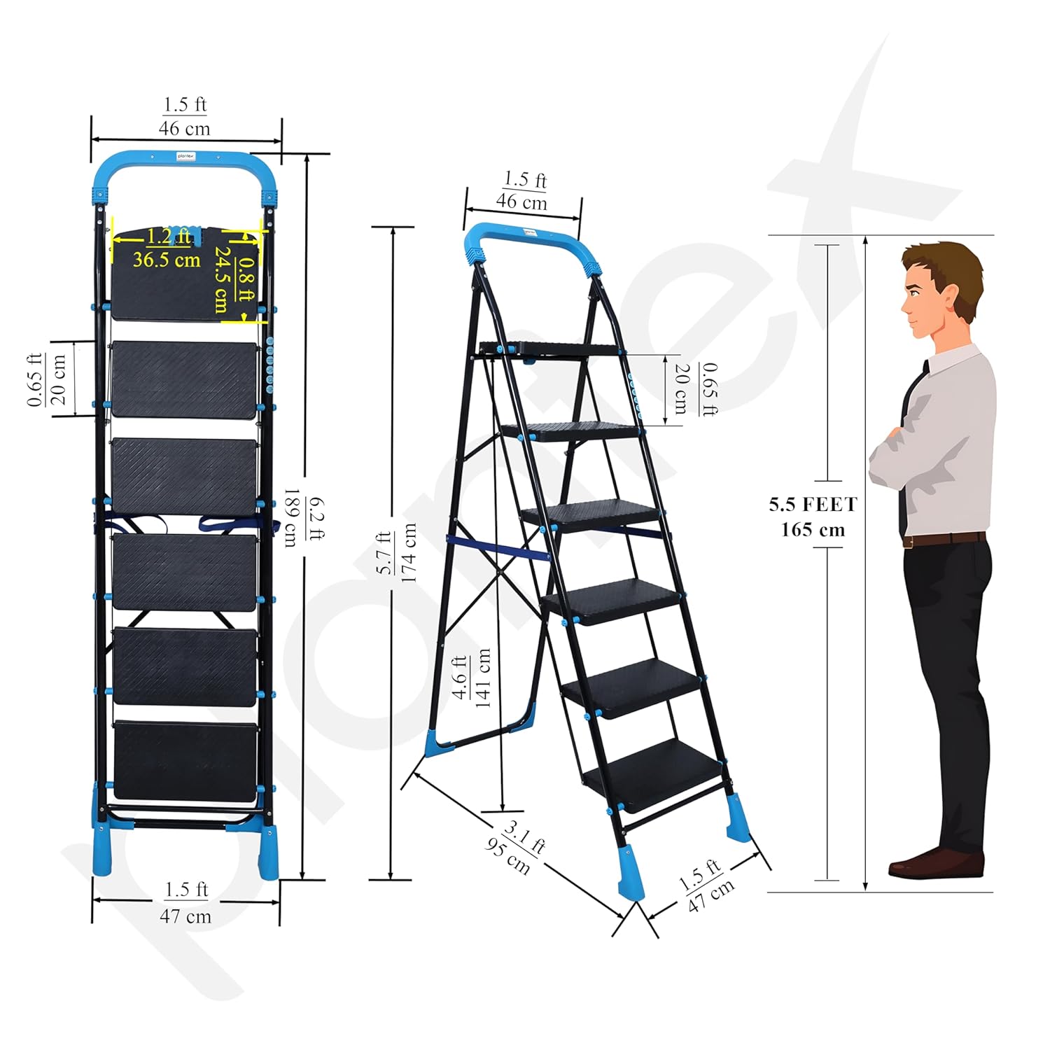 Plantex Stylo Heavy-Duty Mild-Steel Folding 6 Step Ladder for Home with Advanced Locking System/Wide Anti-Skid Step Ladder (Black & Blue)
