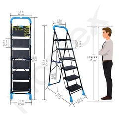 Plantex Stylo Heavy-Duty Mild-Steel Folding 6 Step Ladder for Home with Advanced Locking System/Wide Anti-Skid Step Ladder (Black & Blue)