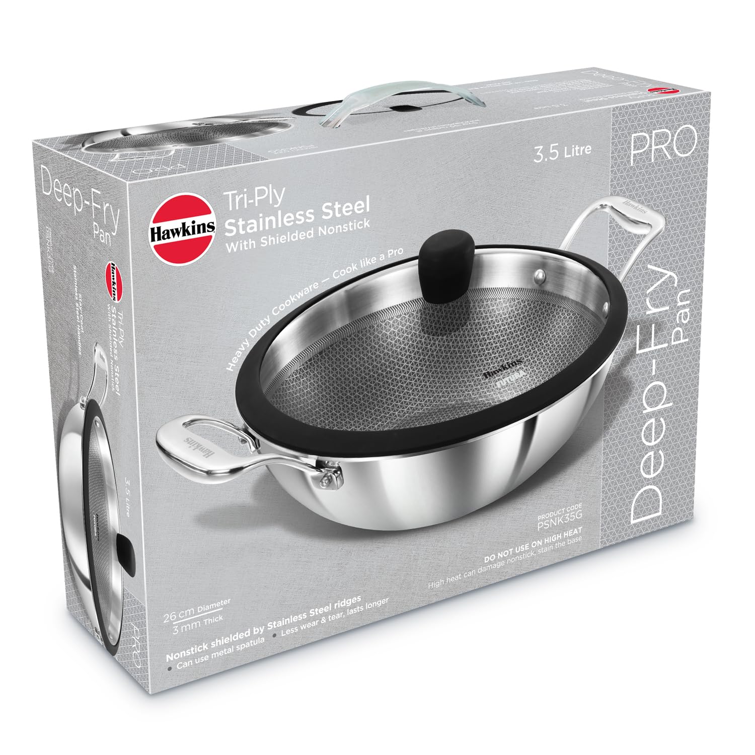 Hawkins Pro 3.5 Litre Shielded Nonstick Triply Deep-Fry Pan, Kadhai with Stainless Steel Handles and Glass Lid, Silver (PSNK35G), 26 cm