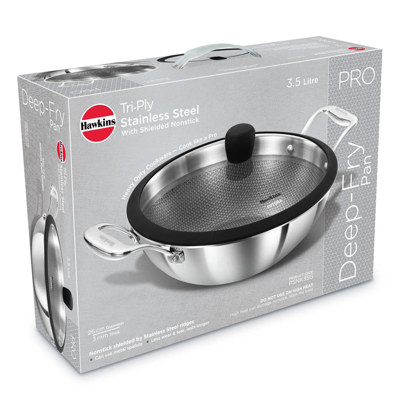 Hawkins Pro 3.5 Litre Shielded Nonstick Triply Deep-Fry Pan, Kadhai with Stainless Steel Handles and Glass Lid, Silver (PSNK35G), 26 cm