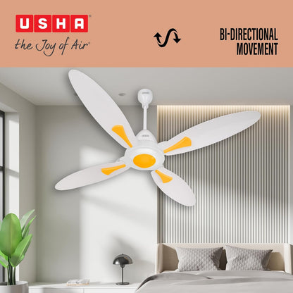 USHA New Bloom Series Dahlia (Inspired by Dahlia) 4-Blade BLDC Ceiling Fan with Bi-Directional Feature | Sleep/Boost/Timer Modes | RF Remote | Dust-Resistant | Whisper-Quiet (White & Saffron Yellow)