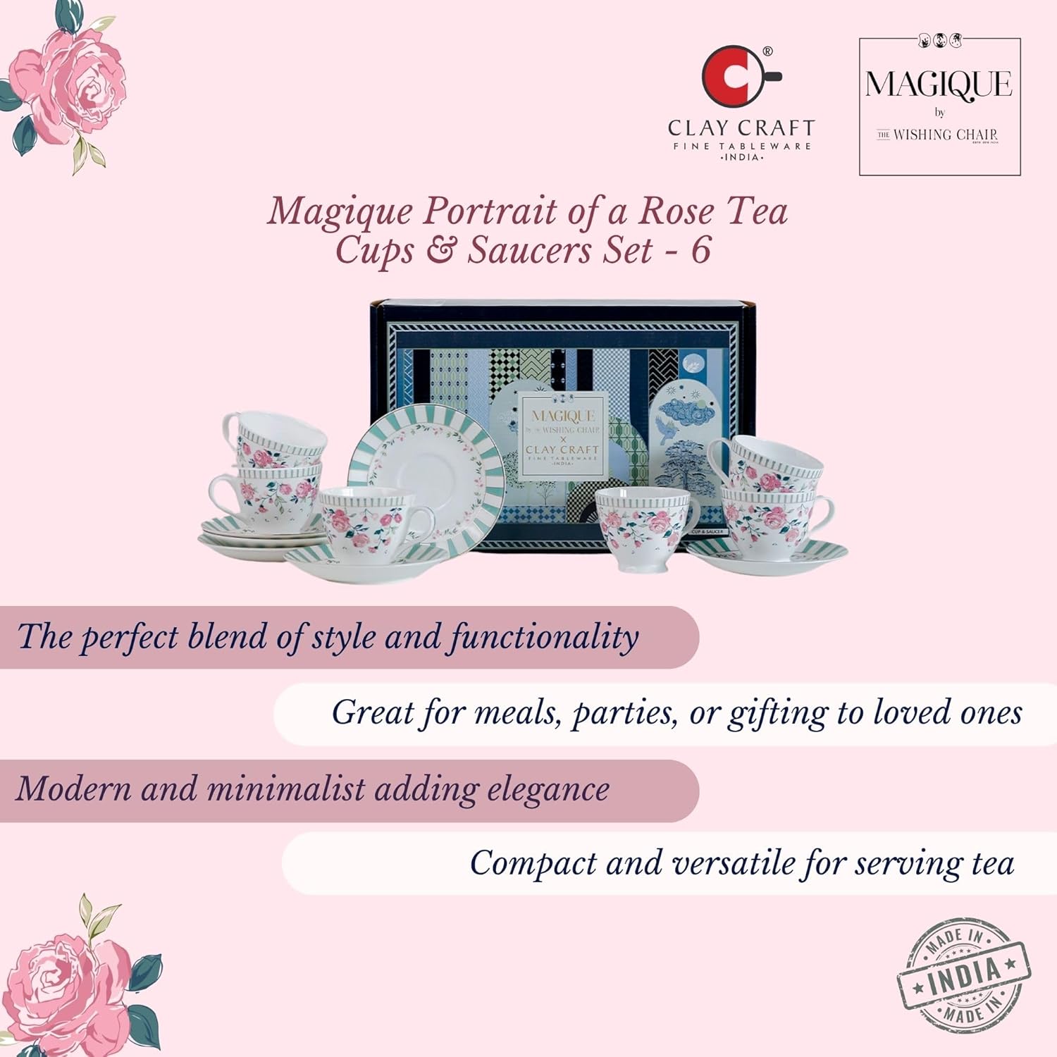 Magique by The Wishing Chair x ClayCraft : Portrait of a Rose Tea Cups & Saucers Set of 6 | 180 ml Fine Ceramic Floral Cups | Elegant Glossy Finish | Ideal for Gifting & Home Use