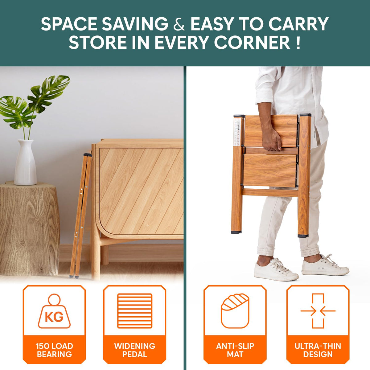 Corvids 2-Steps Premium Folding Step Stool | 2-Year Warranty | Wide Anti-Slip Pedal, Portable Lightweight Aluminum Step Ladder for Home and Office Use (Teak)