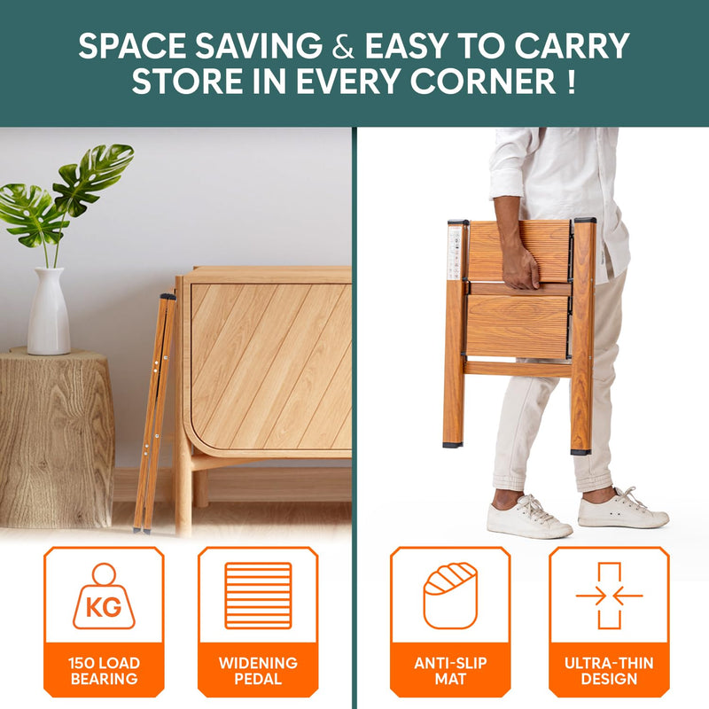 Corvids 2-Steps Premium Folding Step Stool | 2-Year Warranty | Wide Anti-Slip Pedal, Portable Lightweight Aluminum Step Ladder for Home and Office Use (Teak)