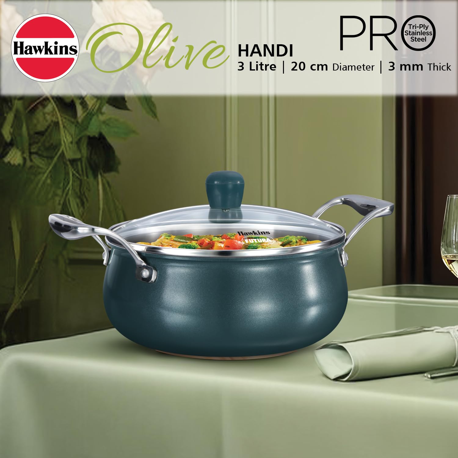 Hawkins Olive Pro 3 Litre Handi, Triply Stainless Steel Pan with Stainless Steel Handles and Glass Lid, Green (POSH30G)