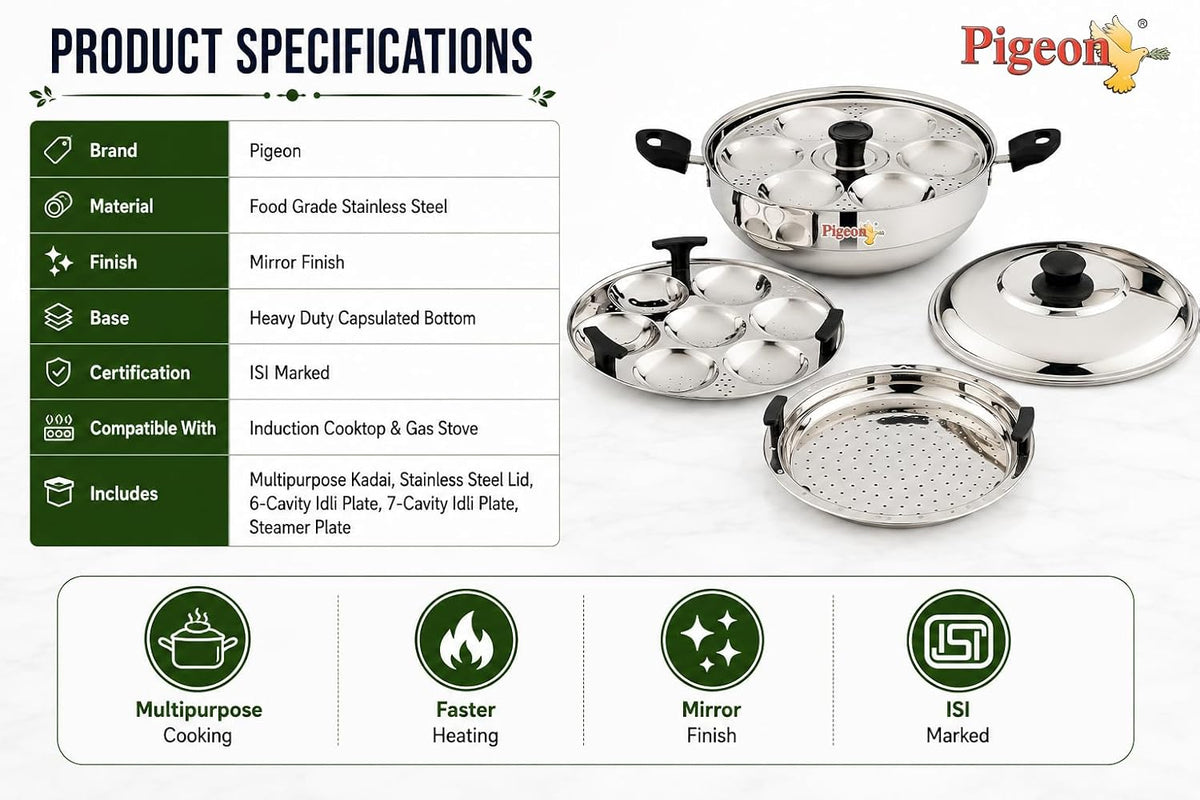 Pigeon Stainless Steel Regal Multi Kadai with 2 Idli Plates(13 Idlies),1 Steamer Plate| Momo Maker|Multi Pot|Steaming Se