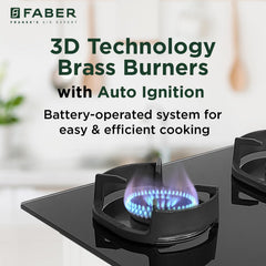 Faber 3 Burner 80cm Eros Hob |Auto-Ignition|Metal Knobs| Cast Iron Pan Support |Hob/Cooktop Hybrid| Black Glass Finish |