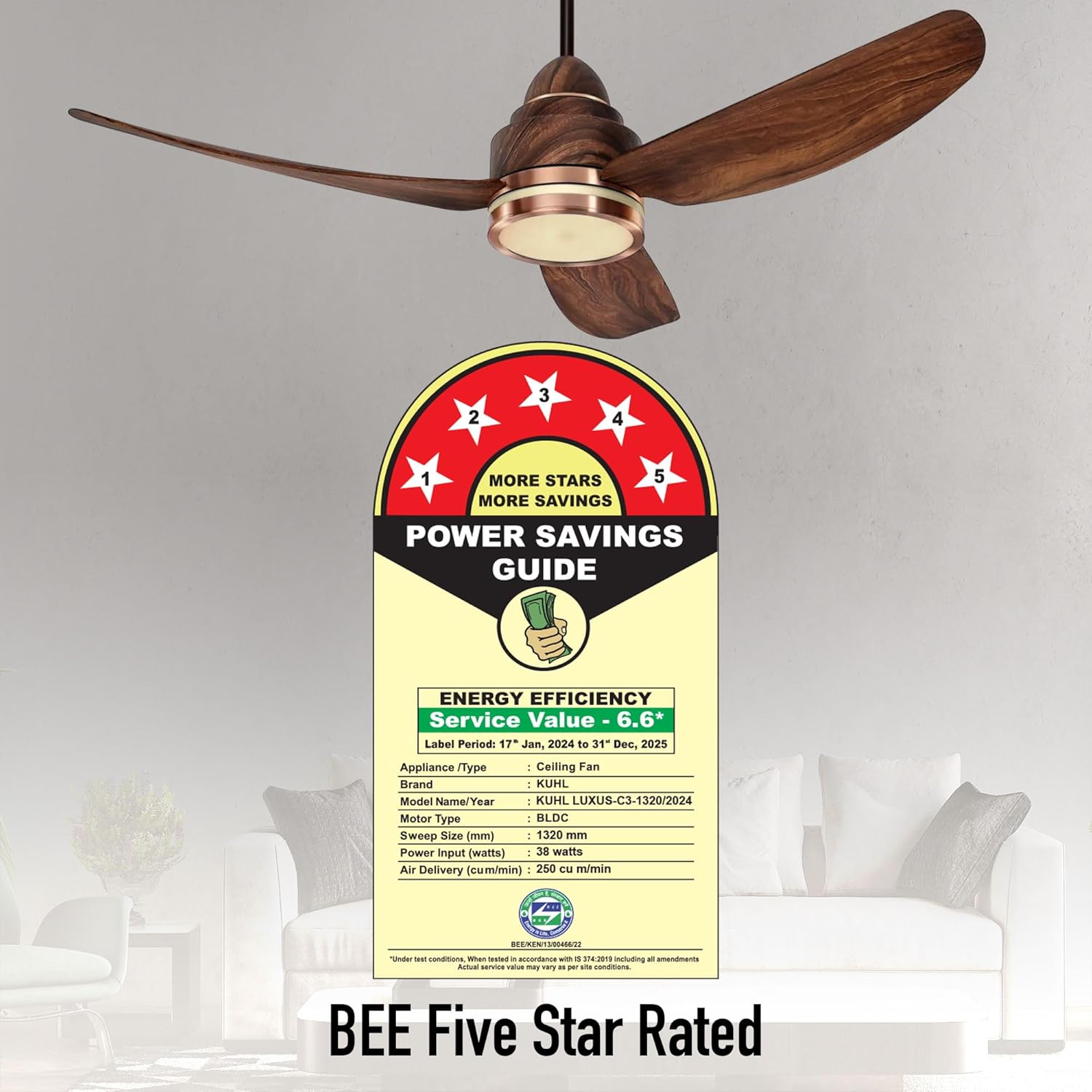 KUHL Luxus C3 1320 mm Stylish 65% Power Saving BLDC Ceiling Fan with Remote | Night & Down Light | 29W | BEE 5 Star | Low Noise | IoT –Operate via Mobile & Alexa | Reverse Mode|Free Installation|Teak