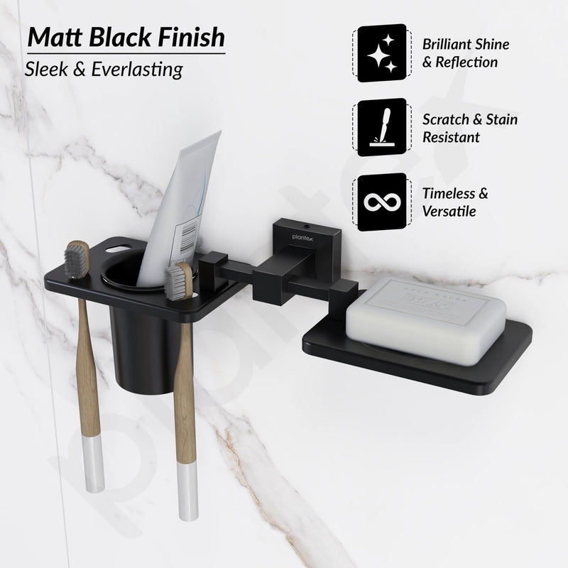 Plantex 304 Grade Stainless Steel 2in1 Soap Dish with Tooth Brush Holder/Soap Stand/Tumbler Holder/Bathroom Accessories - Wall Mount (Matt Black)-5