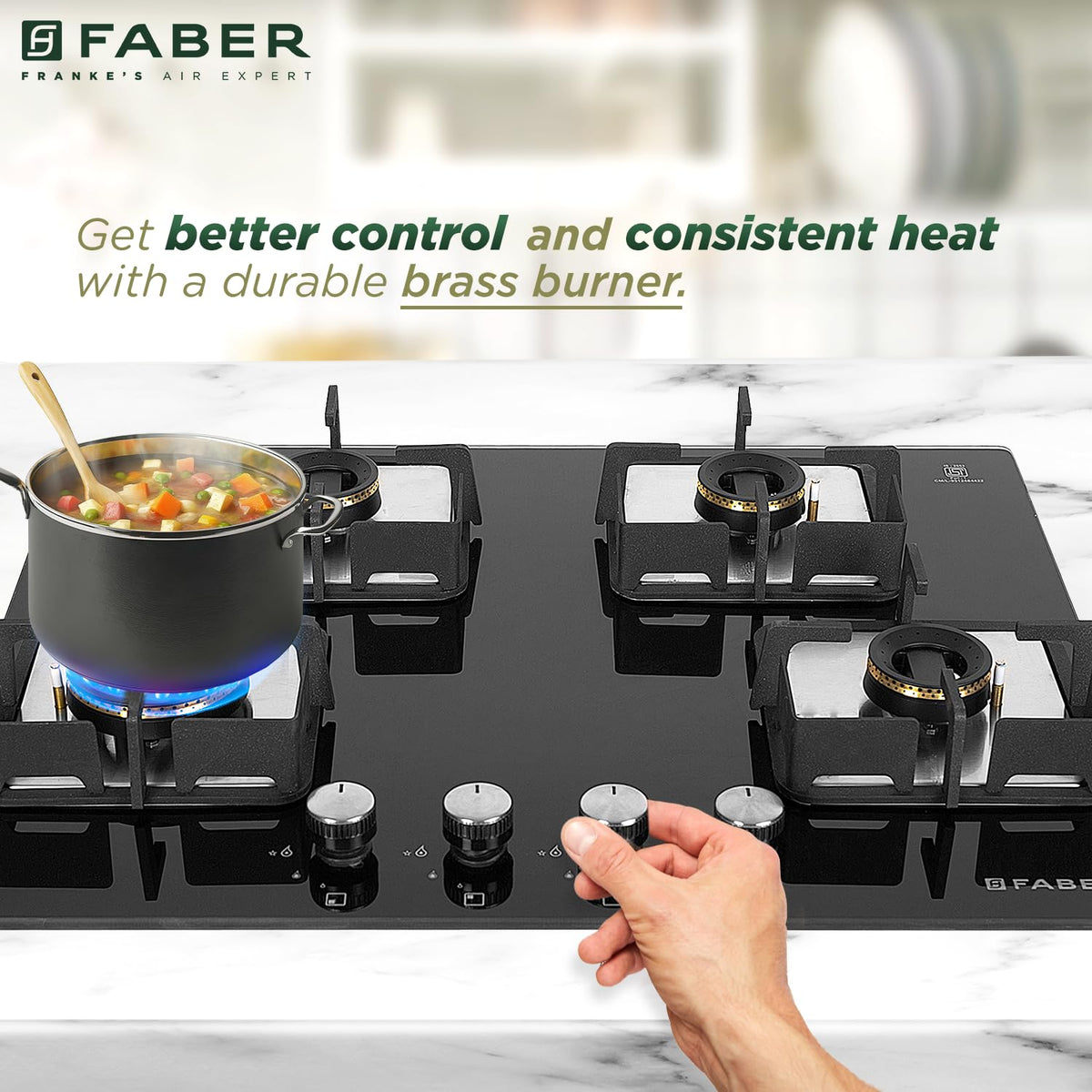 Faber 4 Burner HCT 65 cm Hob| Brass Burners| Bakelite Knobs| Cast Iron Pan Support | Hob/Cooktop Hybrid Toughened Glass 