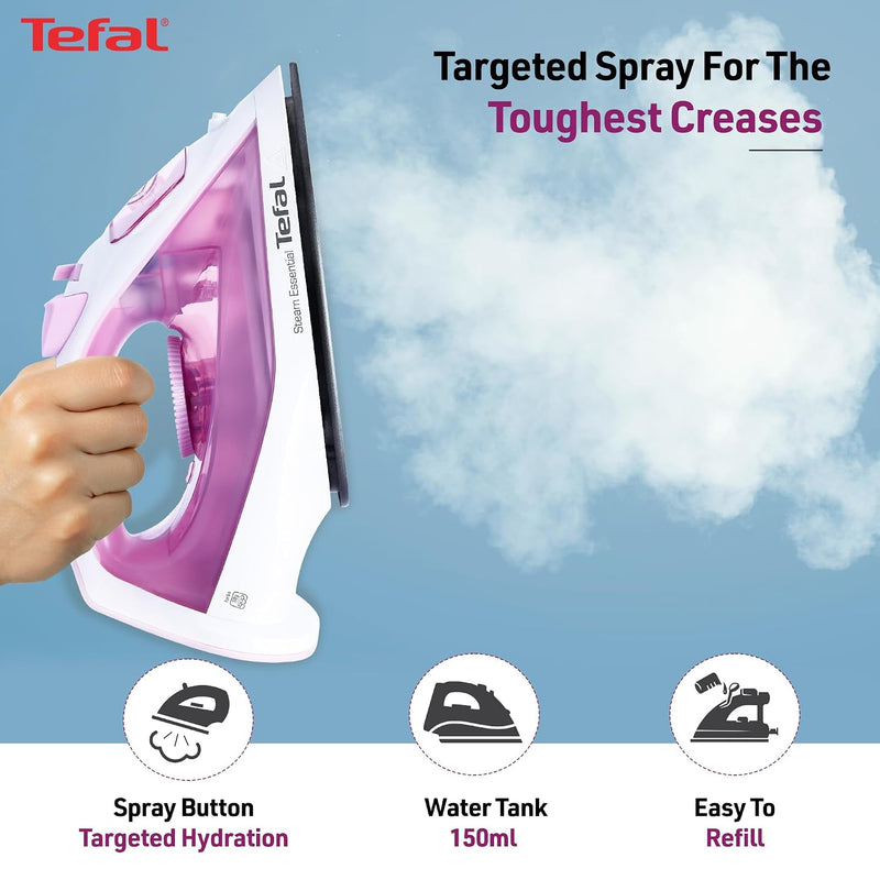Tefal Pink Steam Essential Iron | 1200 Watts Lightweight Steam Iron with Non-Stick Soleplate | Continuous Steam Boost | Vertical Steaming | No.1 Ironing Brand in Europe | 2-Year Warranty