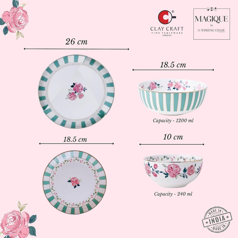 Magique by The Wishing Chair x ClayCraft : Portrait of a Rose 20-Piece Ceramic Dinner Set with Gold | Elegant Floral Plates & Bowls | Glossy Finish | Ideal for Parties & Festive Dining