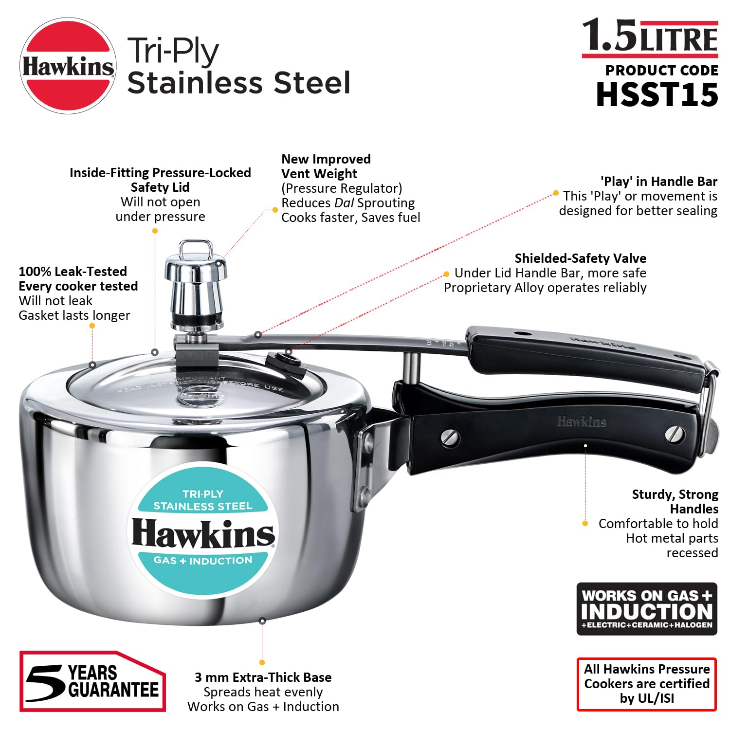 Hawkins 1.5 Litre Triply Stainless Steel Pressure Cooker, Inner Lid Induction Baby Cooker, Silver (HSST15)