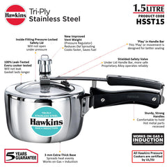 Hawkins 1.5 Litre Triply Stainless Steel Pressure Cooker, Inner Lid Induction Baby Cooker, Silver (HSST15)