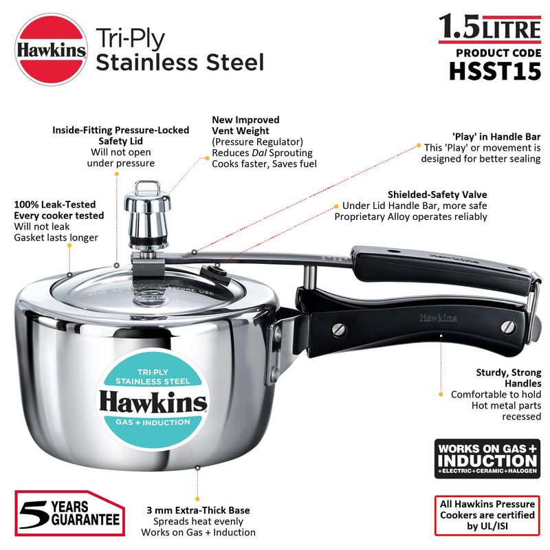 Hawkins 1.5 Litre Triply Stainless Steel Pressure Cooker, Inner Lid Induction Baby Cooker, Silver (HSST15)
