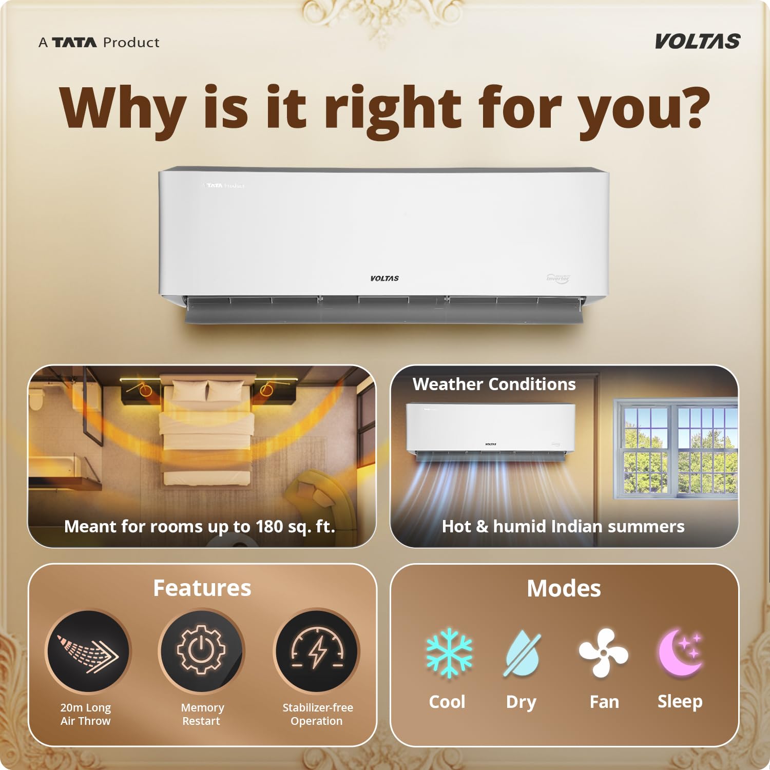 Voltas 1.5 ton 5 Star, New star rated, Inverter Split AC (Copper, Convertible 6-in-1 Cooling Modes, Auto Clean, Sleep Mode with Hidden Display, Memory Restart (185INV VENUS LUXE, White)