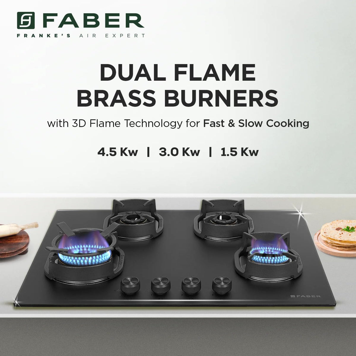 Faber Della 4 Burner 72cm Hob |Auto-Ignition|Brass Burner| Cast Iron Pan Support |Hob/Cooktop Hybrid| Matt Black Glass F