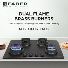 Faber Della 4 Burner 72cm Hob |Auto-Ignition|Brass Burner| Cast Iron Pan Support |Hob/Cooktop Hybrid| Matt Black Glass F