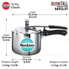 Hawkins Triply 3 Litre Classic Pressure Cooker, Triply Stainless Steel Induction Inner Lid & Tall Design Cooker, Silver (SSTCL3T)