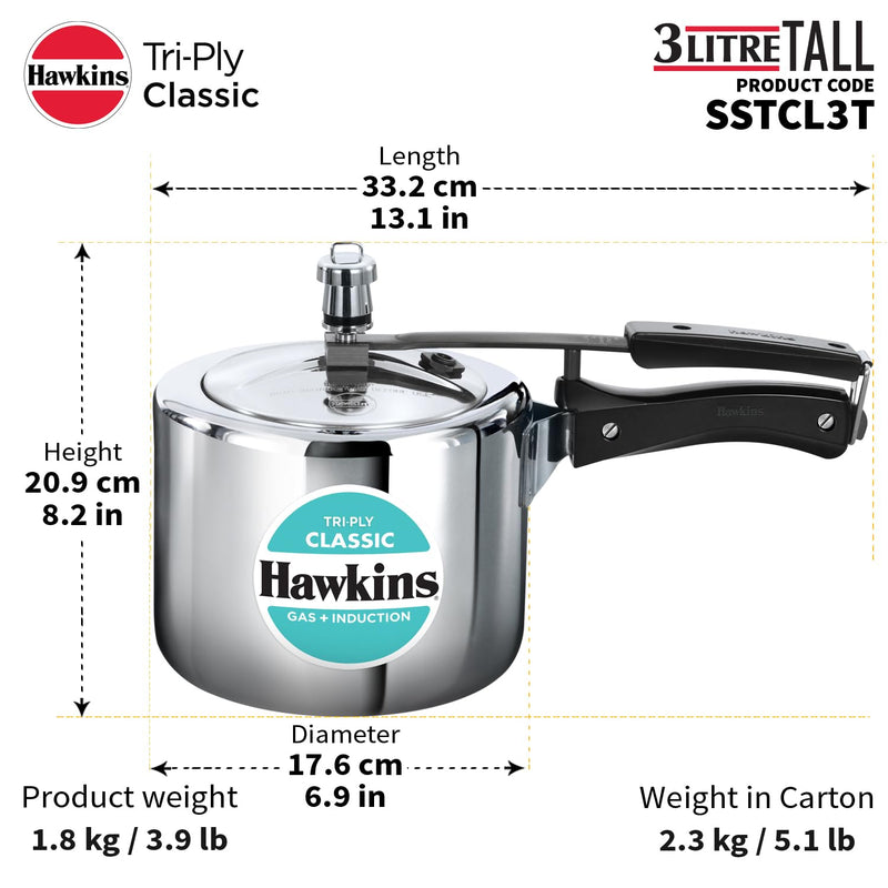 Hawkins Triply 3 Litre Classic Pressure Cooker, Triply Stainless Steel Induction Inner Lid & Tall Design Cooker, Silver (SSTCL3T)