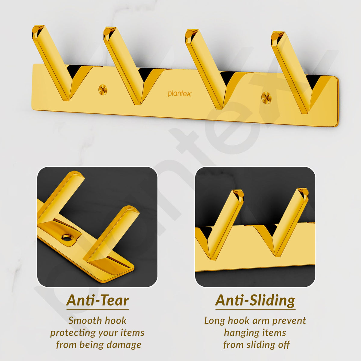 Plantex Wall Hooks for Hanging Cloth/Stainless Steel Towel Hangers/Bathroom Robe Hooks/Door Hangers/Square Wall Hook/Hook Rail for Hanging Keys - 4 Hooks (Pack of 2, PVD Gold)-5