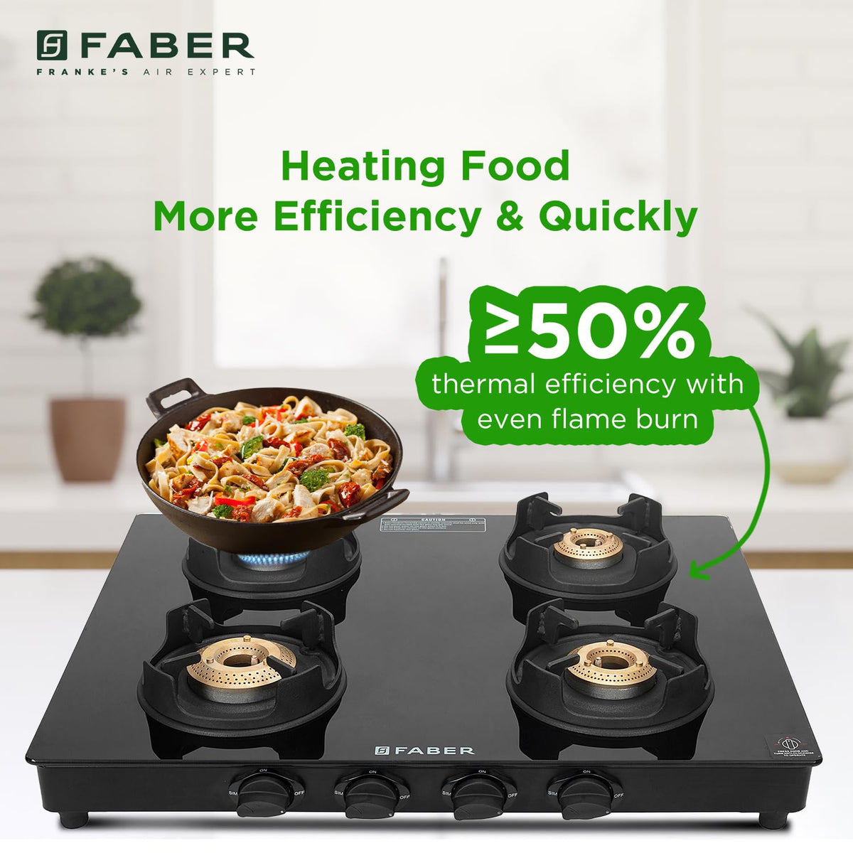 Faber 4 Burner Auto-Ignition Cooktop| ONYX AI 4BB BK |Black ABS Knobs| Brass Burners| Cast Iron Pan Support| Black Glass