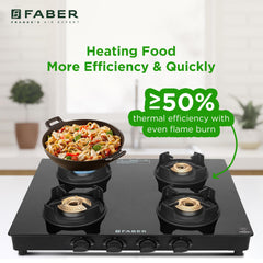 Faber 4 Burner Auto-Ignition Cooktop| ONYX AI 4BB BK |Black ABS Knobs| Brass Burners| Cast Iron Pan Support| Black Glass