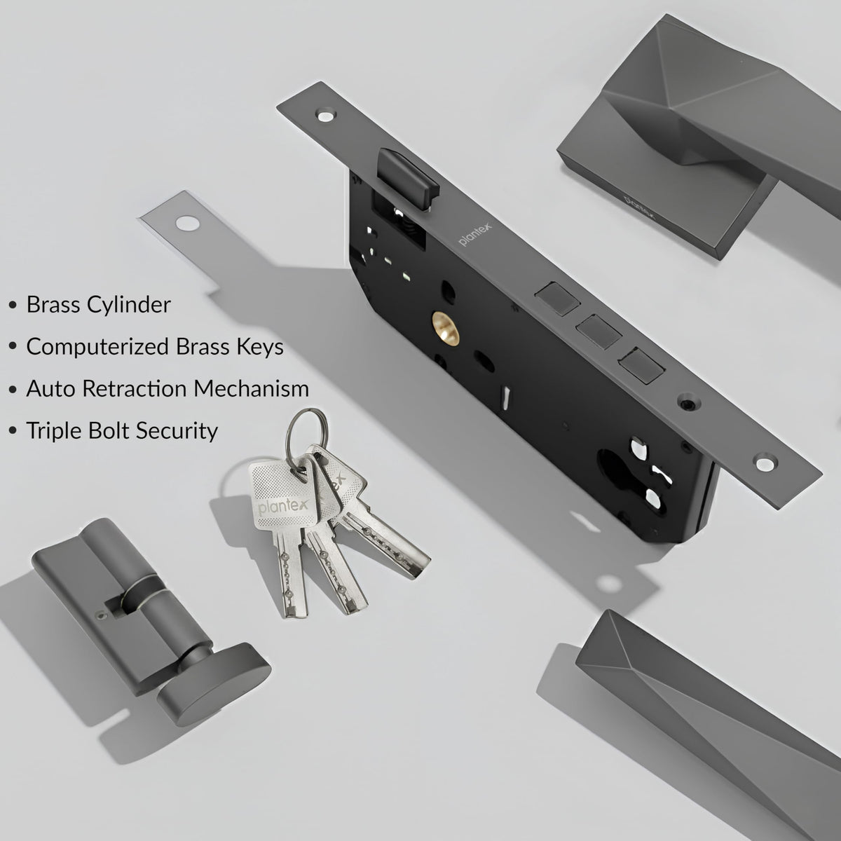 Plantex Door Lock for Home/Main Door Lock Set with 3 Years Warranty/Mortise Lock with Brass Lock Body & Cylinder with 3 Brass Key - (7129, Grey)-4