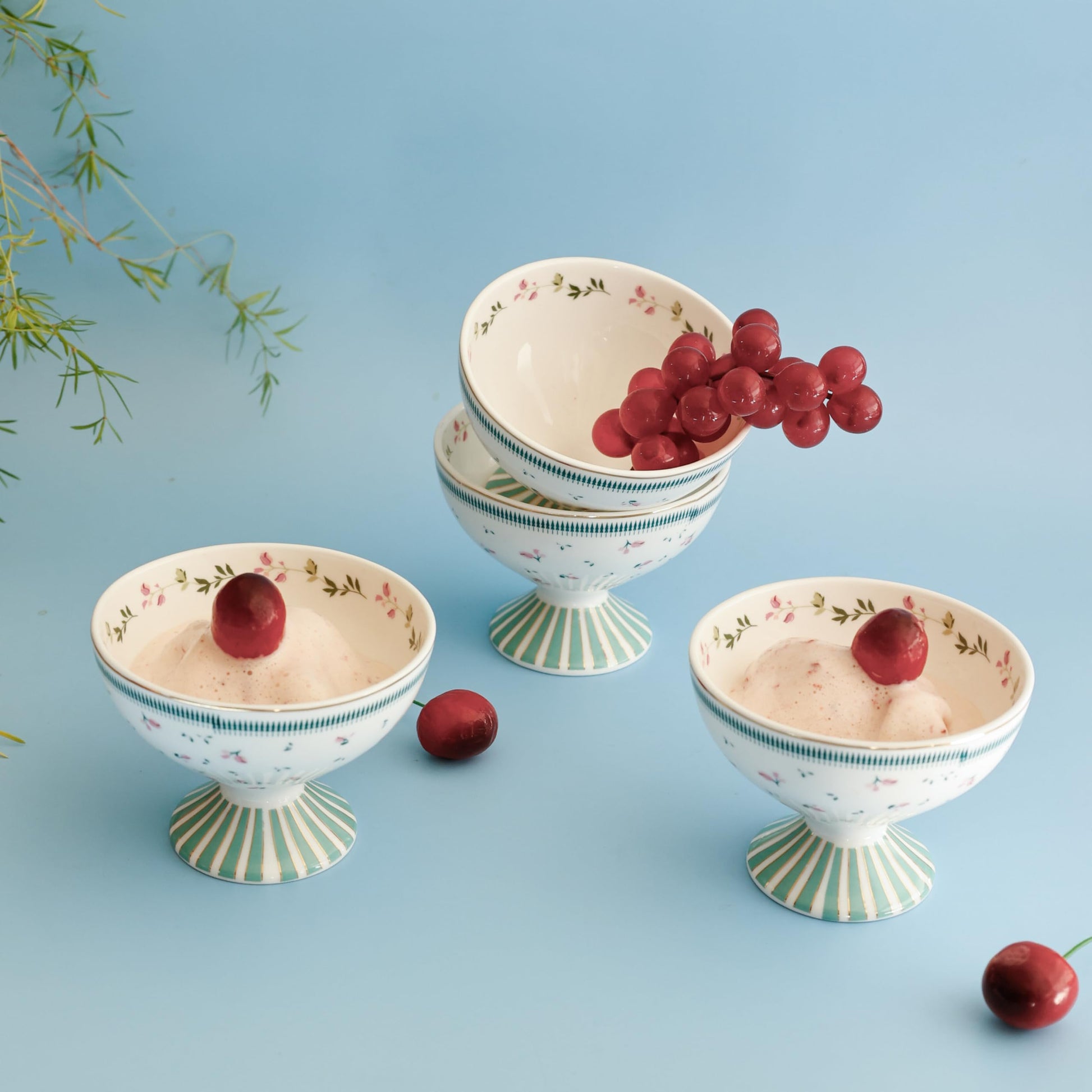 Magique by The Wishing Chair x ClayCraft : River of Flowers Dessert Cups Set of 4 | 160 ml Ceramic Ice Cream Bowls | Elegant Floral Cups for Ice Cream, Sorbet & Gelato | Dishwasher Safe