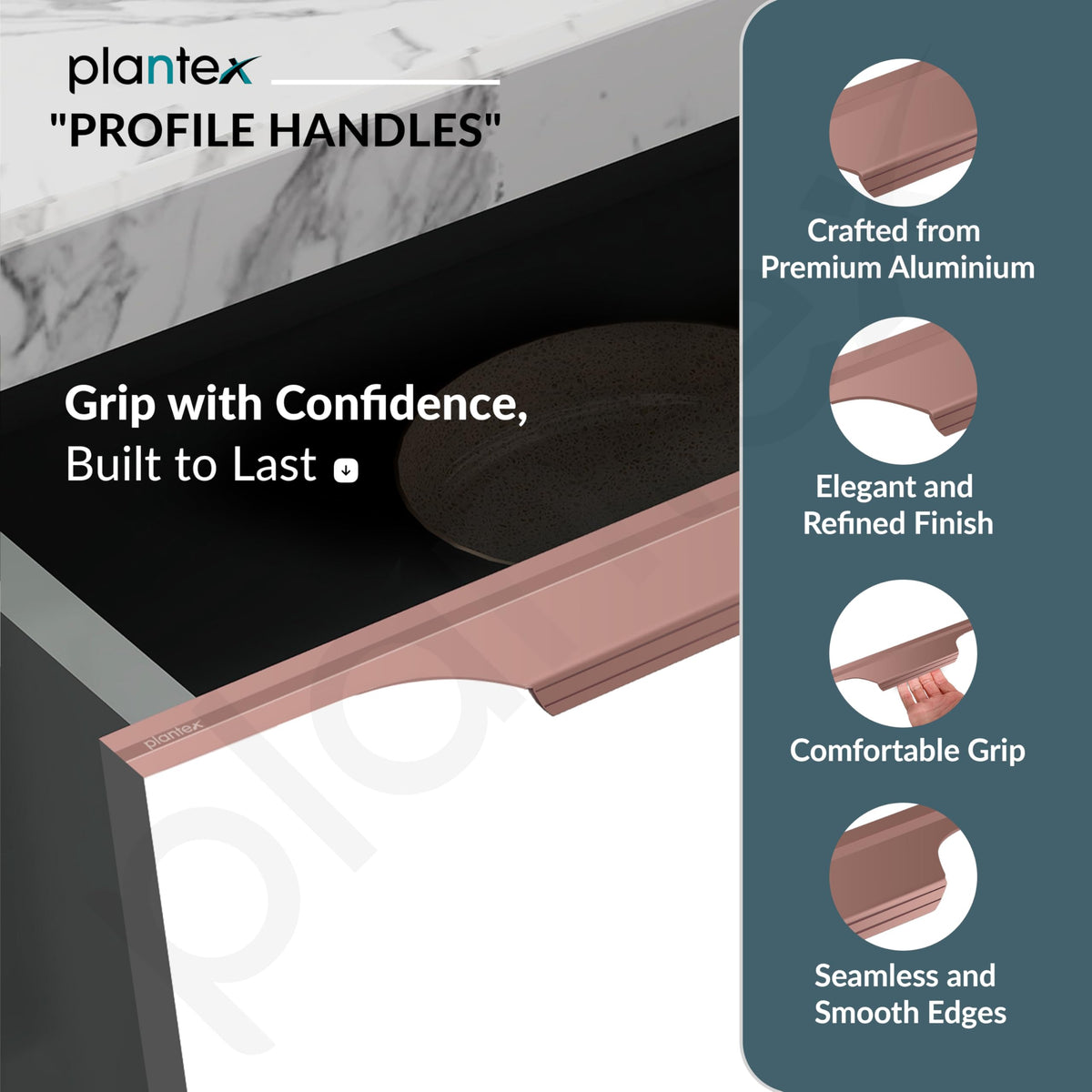 Plantex Profile Handle for Kitchen Cabinet/14 Inch Aluminium Drawer Profile Handle/Wardrobe Pull Handle for Home/Office/Hotel - Pack of 5 (Rose Gold) (Model APS-PF-1003)-2