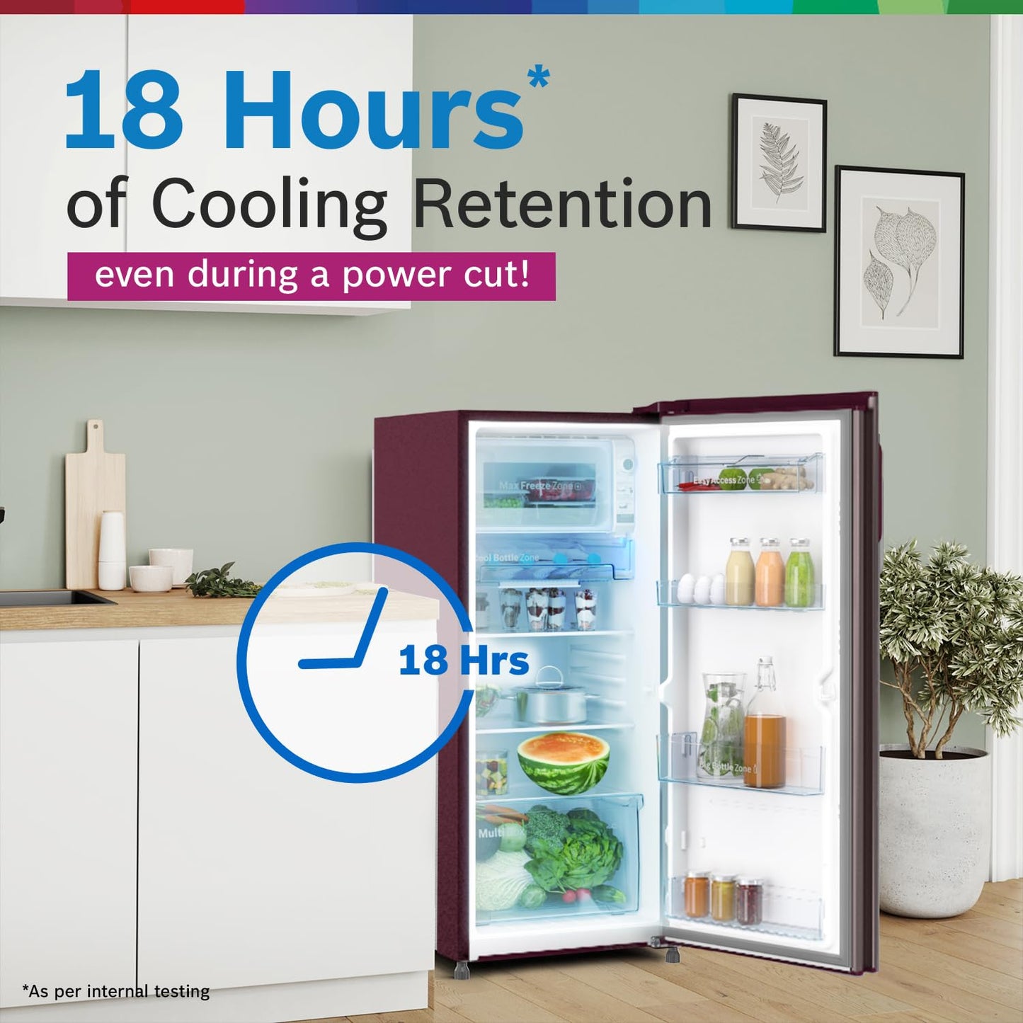 BOSCH 187 L, 3 Star, Single Door Refrigerator with Industry's largest vegetable box* & largest Beverage space (CST18W33NI, Feather Wine) | 18 Hour Cooling Retention, 2.5x Faster Cooling
